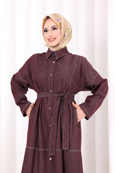 Düğmeli Denim Elbise 7070 Bordo - Resim 4
