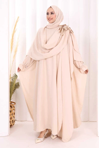 Pamuk Çiçek Detaylı Elbise Abaya ŞAL HEDİYE  8009 Taş ürün görseli 1
