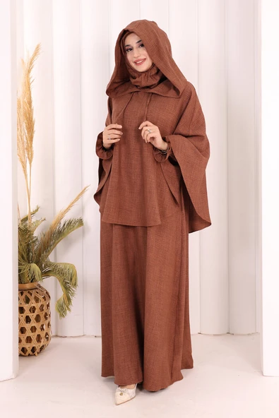Keten Sufleli Elbise Takım 6067 Taba - Resim 3