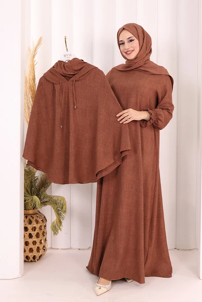 Keten Sufleli Elbise Takım 6067 Taba ürün görseli 1