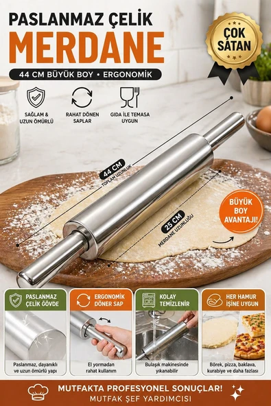 44 Cm Paslanmaz Metal Çelik Merdane Ergonomik Kulplu Çelik Profesyonel Hamur Açma Merdanesi ürün görseli 1
