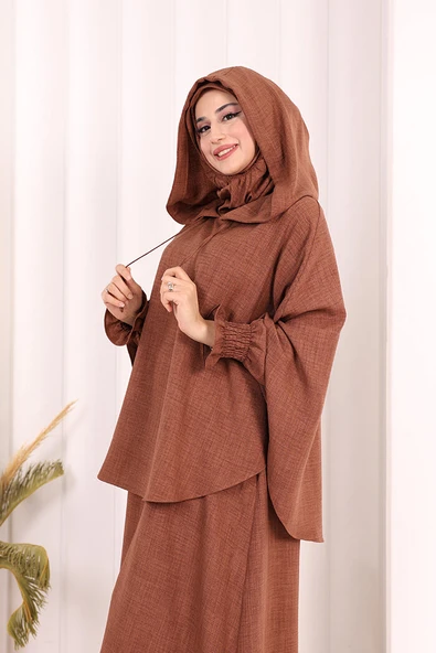 Keten Sufleli Elbise Takım 6067 Taba - Resim 6