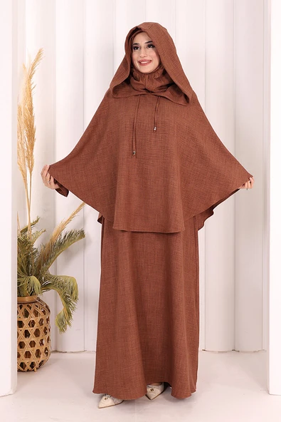 Keten Sufleli Elbise Takım 6067 Taba - Resim 2