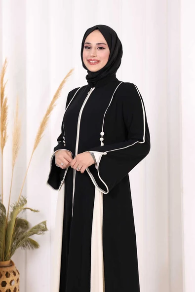 Dubai Biyeli Fermuarlı Ferace 7050 Siyah - Resim 7