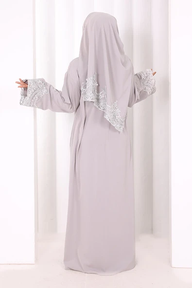 Dantelli Namaz Feracesi 6093 Gri - Resim 3
