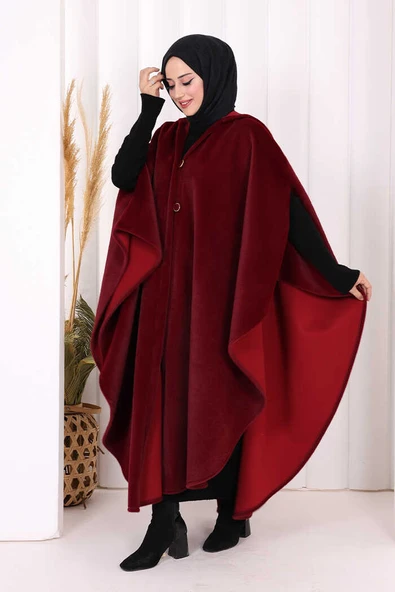Foks Kumaş Kapşonlu Panço 70130 Bordo - Resim 2