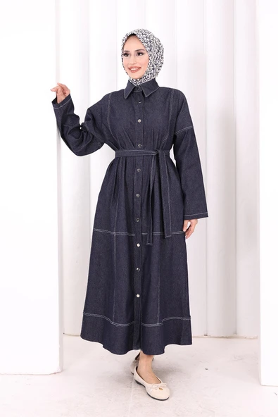 Düğmeli Denim Elbise 7070 Lacivert - Resim 3