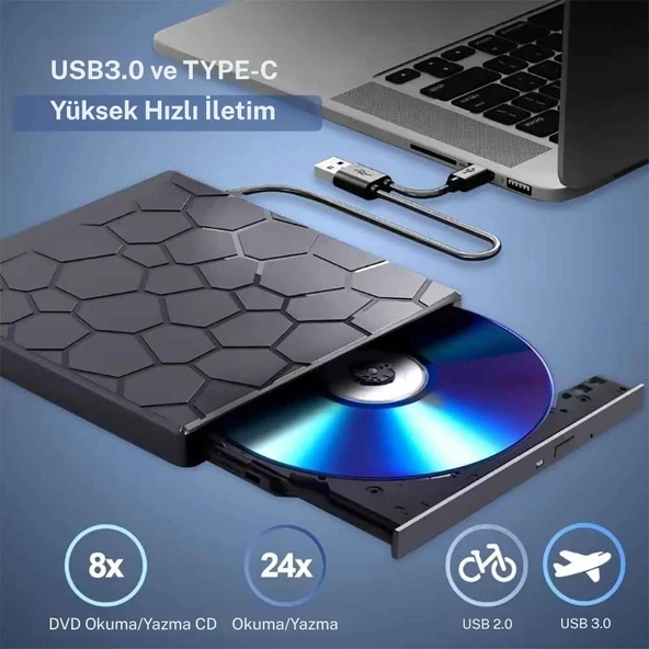 TechTic 8in1 Harici CD DVD Yazıcı USB 3.0 Çoklu USB  Kart Okuyucu Taşınabilir Optik Sürücü ürün görseli 1