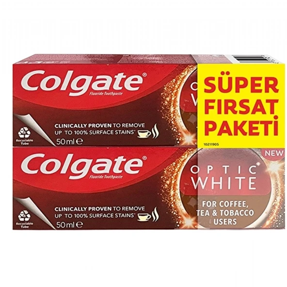 COLGATE OPTIK BEYAZ 50ML+50ML  KAHVE CAY TUTUN KUL. ürün görseli 1