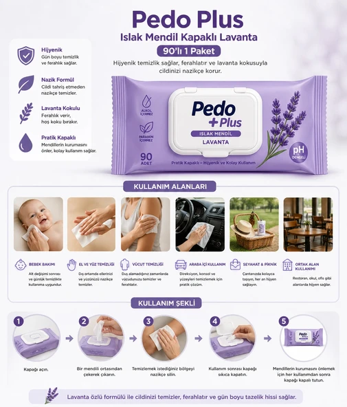Pedo Plus Islak Mendil Kapaklı Lavanta 90'lı 1Paket ürün görseli 1