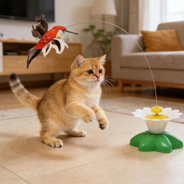 TİNEKE Hareketli Dönen Kuş Kedi Oyuncağı ( Pille Çalışır) ürün görseli 1