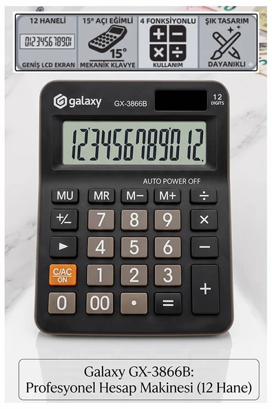 Hesap Makinesi Siyah 10.5x14.5 cm 1 Adet Galaxy GX-3866B 12 Haneli Orta Boy Okul Ofis Büro Hesap Makinası ürün görseli 1