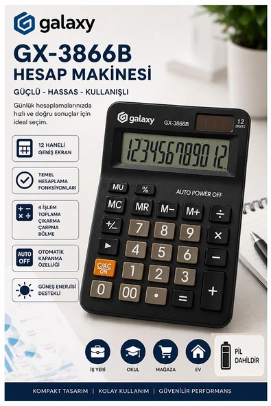 Hesap Makinesi Siyah 10.5x14.5 cm 1 Adet Galaxy GX-3866B 12 Haneli Orta Boy Ofis Büro Masaüstü Hesap Makinası ürün görseli 1