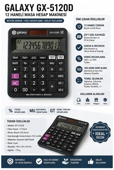 Hesap Makinesi Siyah 12x14.5 cm 1 Adet Galaxy GX-5120D 12 Haneli Orta Boy Ofis Büro Masaüstü Hesap Makinası ürün görseli 1