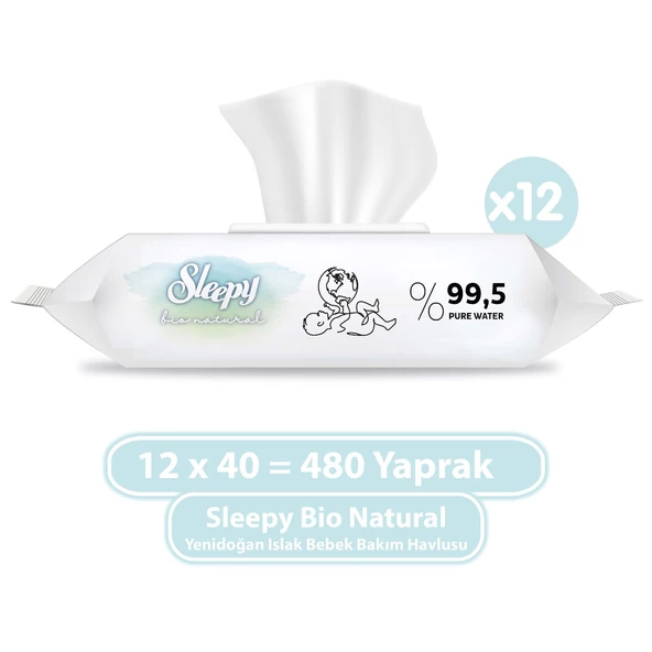 Sleepy Bio Natural Yenidoğan Islak Bebek Bakım Havlusu 12x40 (480 Yaprak) ürün görseli 1