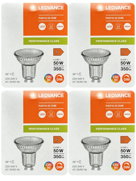 (4 Adet) Ledvance 4,5W Ilık Beyaz (4000K) Dim Edilebilir GU10 Duylu Cam Spot Ampul ürün görseli 1