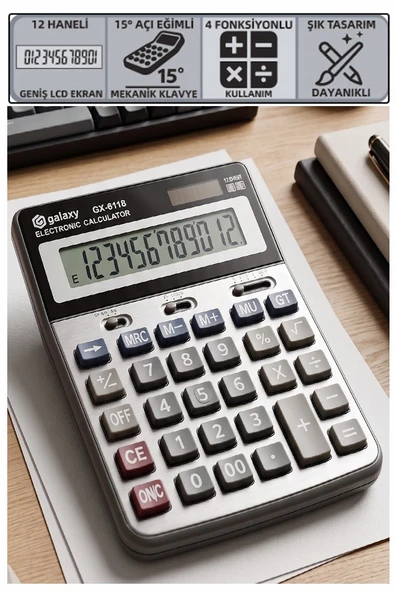 Hesap Makinesi Siyah 14x19 cm 1 Adet Galaxy GX-6118 12 Haneli Orta Boy Okul Ofis Büro Masaüstü Hesap Makinası ürün görseli 1