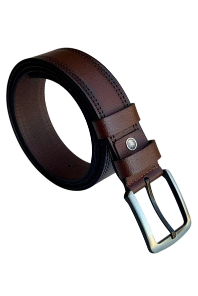 Kahverengi Hakiki Deri Düz Renk Dikişli Model 4 cm. Genişlikli Spor Kemer // 409-28 ürün görseli 1