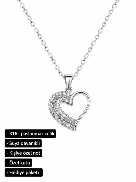 Kalp Tasarım Kadın Kolye Paslanmaz Çelik Taşlı Hediye Şık Zarif Kolye ürün görseli 1