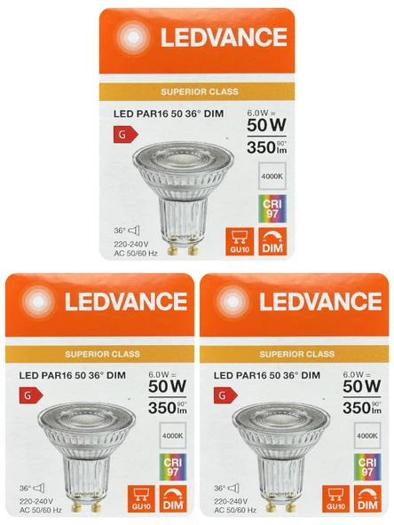 (3 Adet) Ledvance 6W Ilık Beyaz (4000K) Dim Edilebilir GU10 Duylu Cam Spot Ampul ürün görseli 1