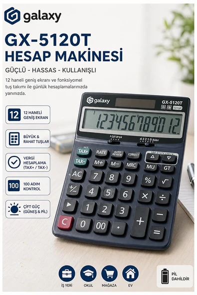 Hesap Makinesi Siyah 14x19 cm 1 Adet Galaxy GX-5120T 12 Haneli Orta Boy Ofis Büro Masaüstü Hesap Makinası ürün görseli 1