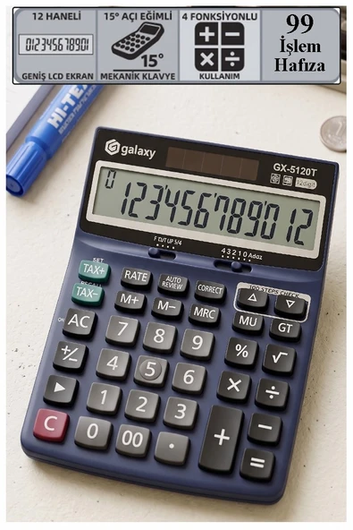 Hesap Makinesi Siyah 14x19 cm 1 Adet Galaxy GX-5120T 12 Haneli Orta Boy Okul Ofis Büro Masaüstü Hesap Makinası ürün görseli 1