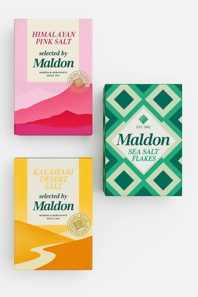 Maldon 3’lü Premium Tuz Seti – Sea Salt Flakes, Himalayan Pink Salt, Kalahari Desert Salt ürün görseli 1