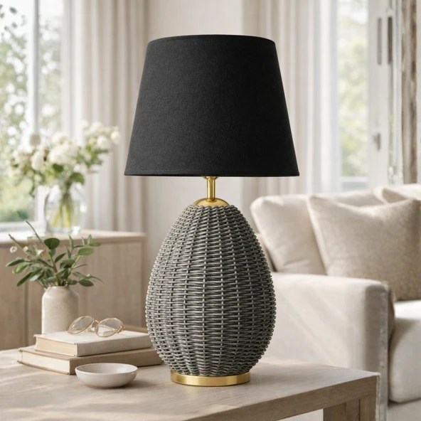 Calmo Gri Gövde Siyah Başlık Dekoratif Rattan Abajur ürün görseli 1