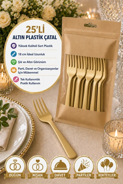 25’li Altın Plastik Çatal 18 cm Sert Tek Kullanımlık ürün görseli 1