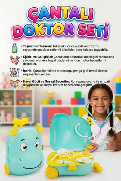 Valizli Doktor Seti! 7 Parça Doktor Aletli Hayvan Figürlü Taşınabilir Tekerlekli Çantalı Oyun Seti ürün görseli 1