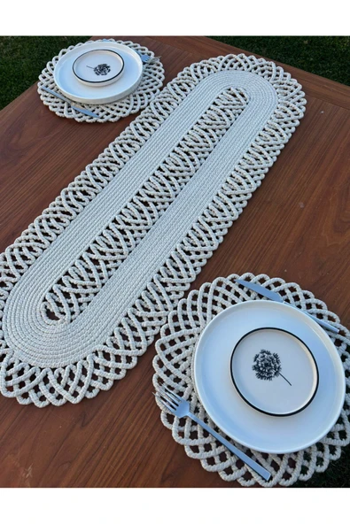Home Inn Home Textile 2 Kişilik Sofra Seti Hasır Görünümlü Amerikan Servis- Runner - Leke Tutmaz Beyaz ürün görseli 1