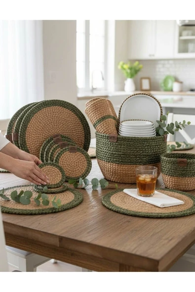 home inn 4 Kişilik Lüks Hasır Örgü Yeşil Sofralık Set (Amerikan Servis, Runner, Sepet, Ekmeklik) - 16 Parça ürün görseli 1