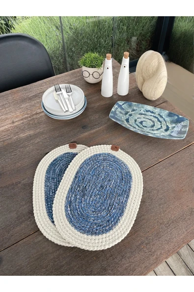 home inn 2’li Oval Model Amerikan Servis – Supla Leke Tutmaz, Beyaz-Mavi 40x28 Cm ürün görseli 1