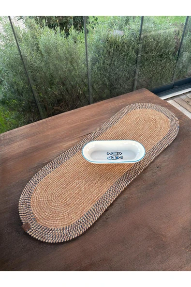 home inn El Yapımı Görünümlü Modern Dokulu Mavi/Natural Oval Runner – Masa Üstü Dekor 35 x 100 cm ürün görseli 1