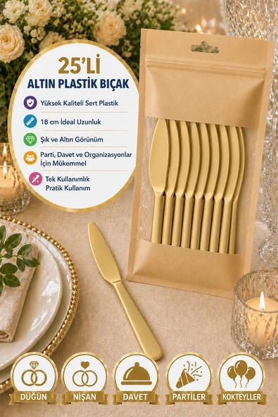 25’li Altın Plastik Bıçak 18 cm Sert Tek Kullanımlık ürün görseli 1