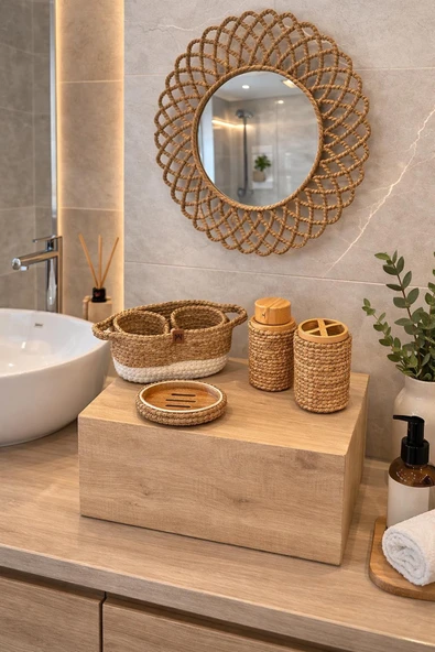 home inn Örgü Banyo Seti – El Yapımı Dekoratif Ayna, Sepet, Sabunluk ve Diş Fırçalık 5’li Set ürün görseli 1