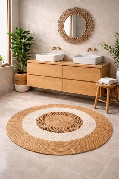 home inn Bohem Hasır Görünümlü Yuvarlak Halı & Örgü Çerçeveli Ayna Seti | Doğal Banyo Salon Dekorasyonu ürün görseli 1