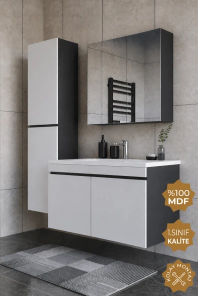 Teta Home Tokyo 100 cm MDF Banyo Dolabı Seti + Boy Dolabı  Antrasit-Beyaz ürün görseli 1