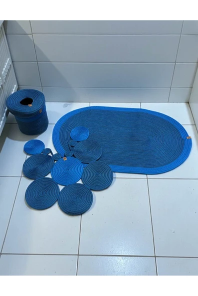 home inn Banyo Seti 3'lü El Yapımı Örgü Paspas (60x100 cm) & Yuvarlak Çöp Kovası Seti | Leke Tutmaz ürün görseli 1
