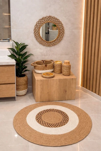home inn Bohem Tarz Banyo Seti | Yuvarlak Halı, Örgü Çerçeveli Ayna, Sepet & Aksesuar Seti ürün görseli 1
