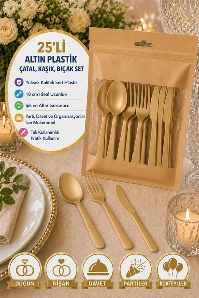 25'li Set Altın Plastik Çatal Kaşık Bıçak Seti Sert Lüks Kullan At Parti Davet Servis Seti ürün görseli 1