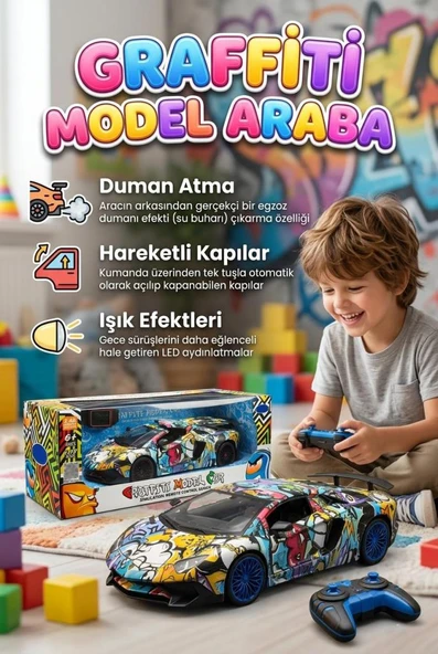 Kumandalı ve Bilekten Kontrollü Işıklı Duman Atan Kapıları Açılan 1:12 Grafiti Desenli Oyuncak Araba ürün görseli 1