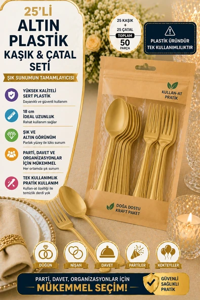 25'li Set Altın Plastik Çatal Kaşık Seti Kullan At Parti Davet Şık Sunum 50 Parça Sert Plastik Paketli ürün görseli 1