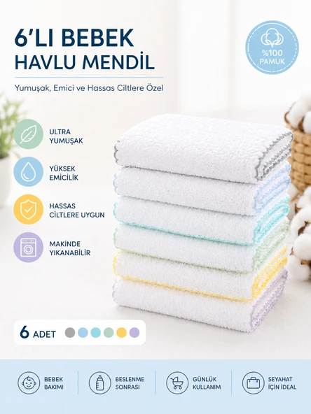 6'lı Bebek Ağız Mendili ve Ter Havlusu Paket Düz Mavi 1071 ürün görseli 1
