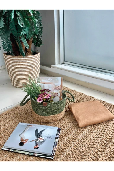 home inn Kulplu Düzenleyici Sepet Leke Tutmaz Natural-Yeşil 31x20 cm ürün görseli 1