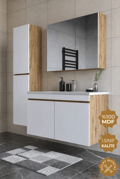 Teta Home Tokyo 100 cm MDF Banyo Dolabı Seti + Boy Dolabı  Atlantik Çam-Beyaz ürün görseli 1