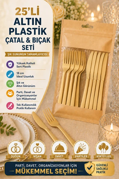 25’li Set Altın Plastik Çatal Bıçak Seti Kullan At Parti Davet Düğün Şık Sunum Seti Lüks Görünüm ürün görseli 1
