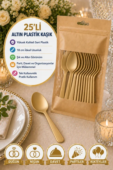 25’li Altın Plastik Kaşık 18 cm Sert Tek Kullanımlık ürün görseli 1