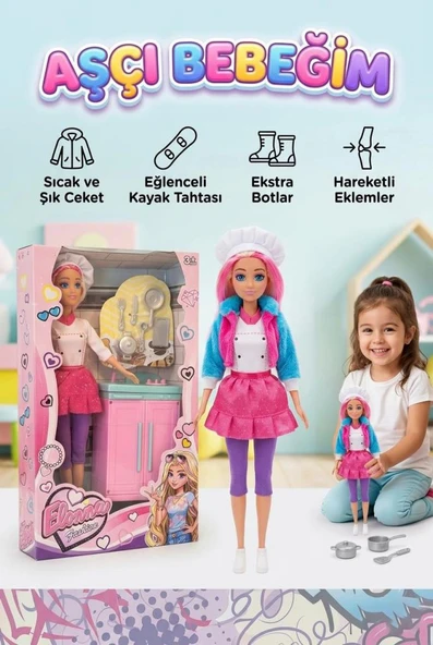 Elonna Mutfakta! Aksesuarlı Şef Bebek Oyun Seti - Eklem Hareketli Şık Aşçı Oyuncak Bebek ürün görseli 1