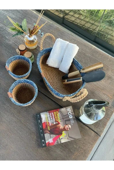 home inn 3'lü Düzenleyici Sepet Set Leke Tutmaz Mavi -Natural ürün görseli 1